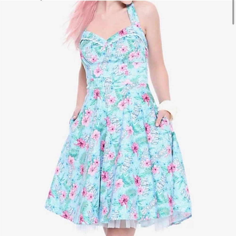 Hot Topic Blue Floral Tiki Swing Dress Retro Halter - Small - NWT